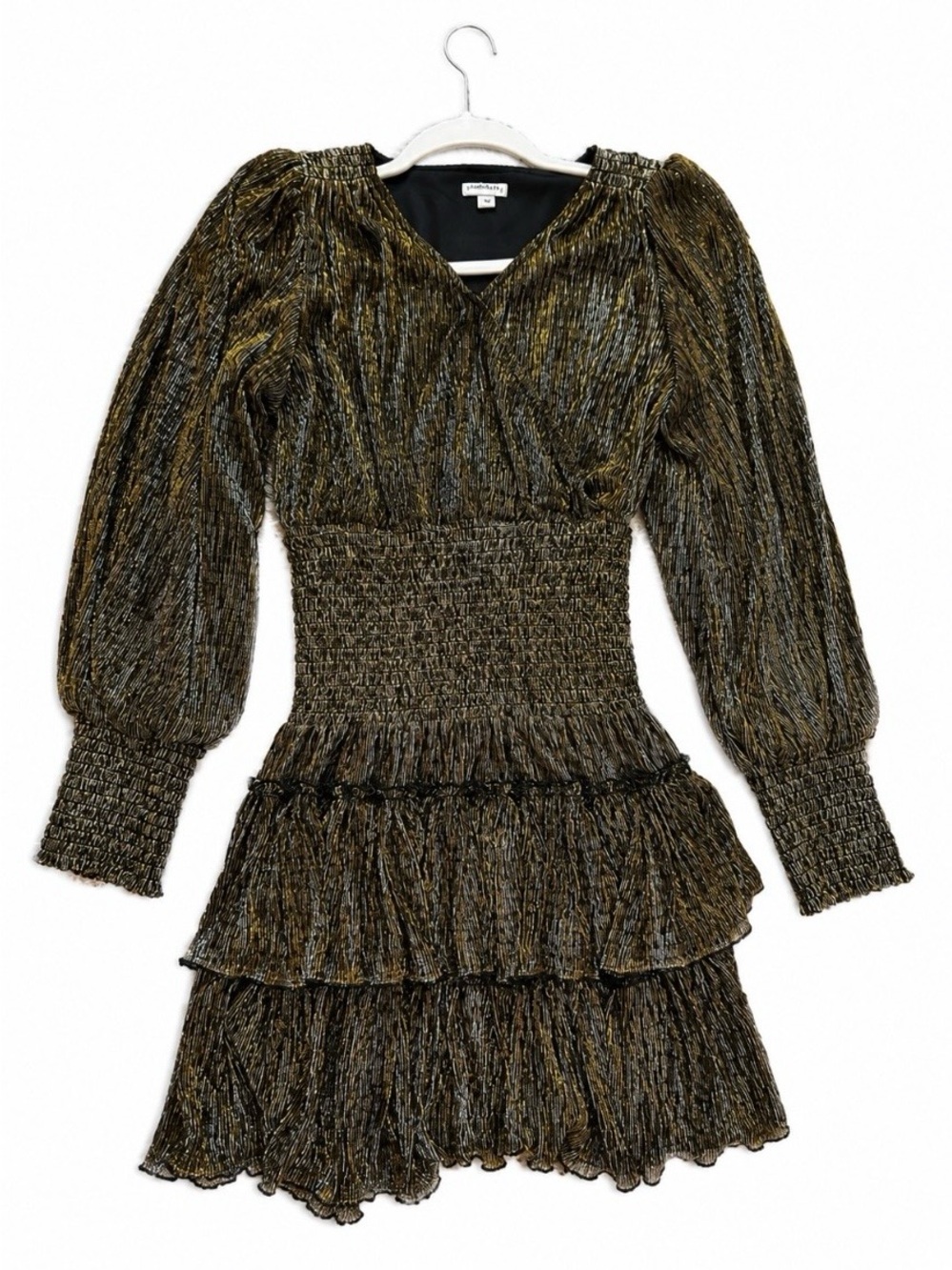 Habitual Olive Metallic Smocked Tiered Long-Sleeve Dress